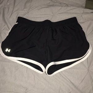 Black & white Under Armour workout shorts.